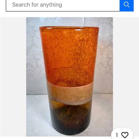 Other - Hand Blown Glass Hurricane Vase
W/ Bands Of Mottled Orange White & Tortoiseshell